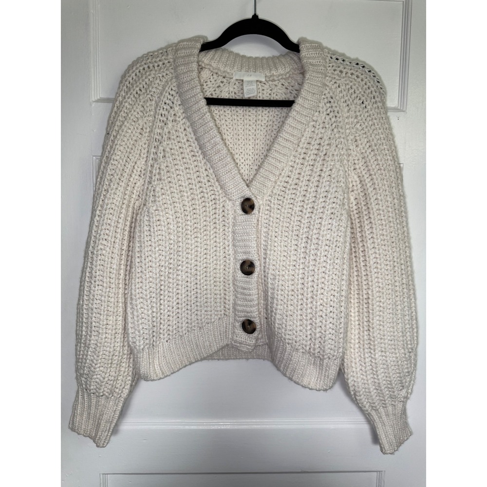 HM Womens Cream Ribbed Knit Button Front Cardigan Sweater XS 0992260 4 Off White